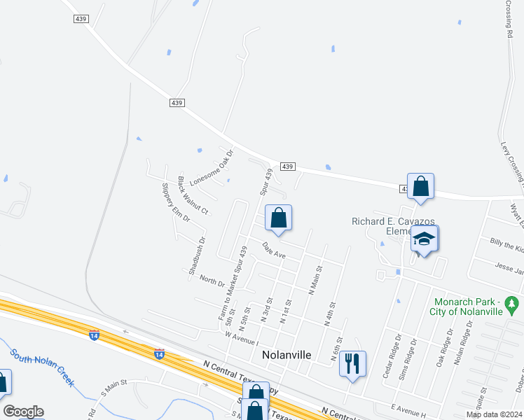 map of restaurants, bars, coffee shops, grocery stores, and more near 159 Ryan Circle in Nolanville
