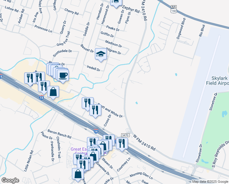 map of restaurants, bars, coffee shops, grocery stores, and more near 3700 Malibu Lane in Killeen
