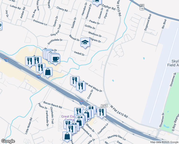 map of restaurants, bars, coffee shops, grocery stores, and more near 3700 Malibu Lane in Killeen