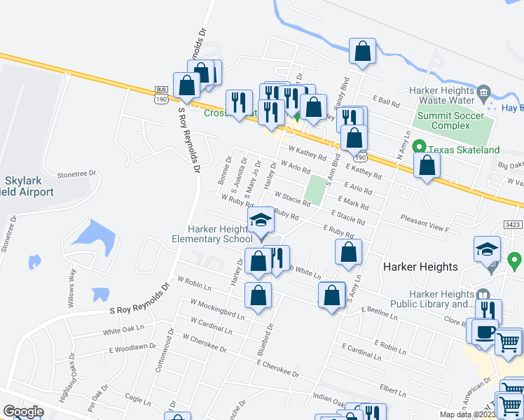 map of restaurants, bars, coffee shops, grocery stores, and more near 123 West Ruby Road in Harker Heights