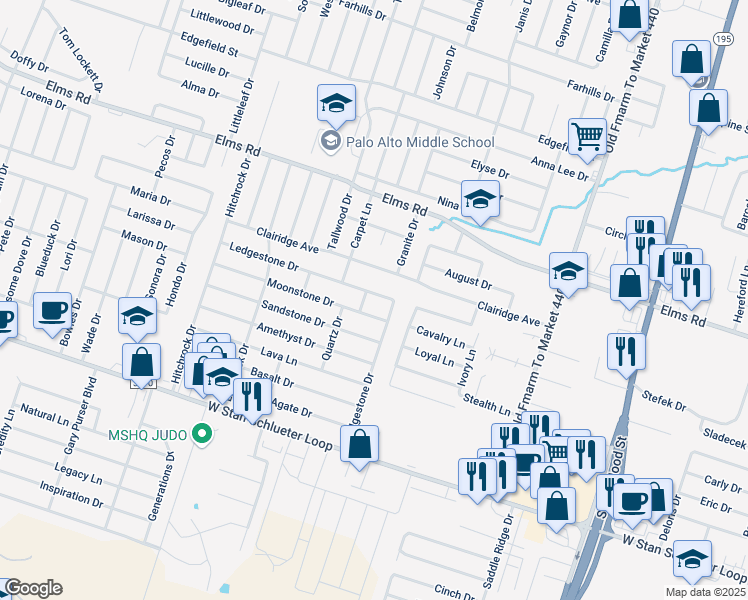 map of restaurants, bars, coffee shops, grocery stores, and more near 1801 Moonstone Drive in Killeen