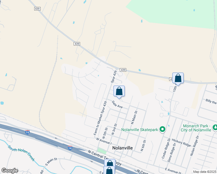 map of restaurants, bars, coffee shops, grocery stores, and more near 307-309 Farm to Market Spur 439 in Nolanville