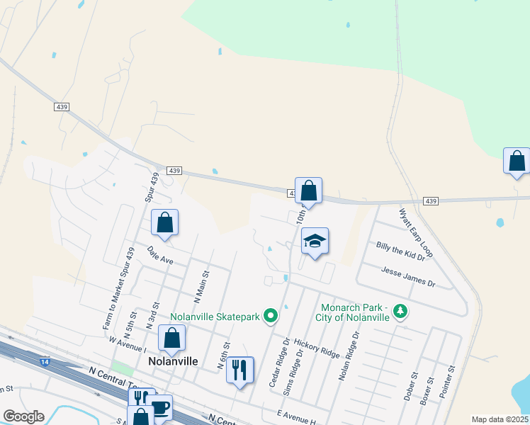 map of restaurants, bars, coffee shops, grocery stores, and more near 300 Cindy Lane in Nolanville