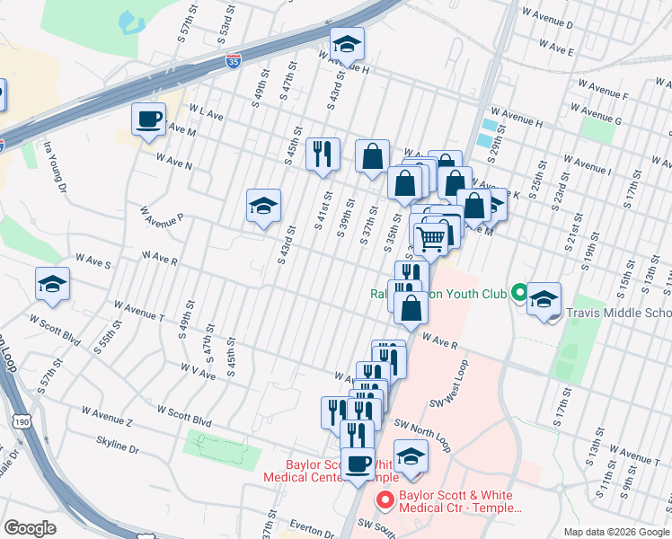 map of restaurants, bars, coffee shops, grocery stores, and more near 1701 South 39th Street in Temple
