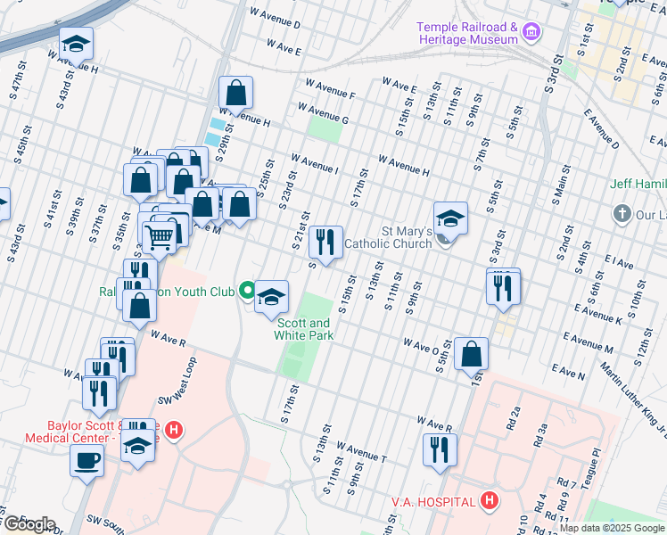 map of restaurants, bars, coffee shops, grocery stores, and more near 1309 South 17th Street in Temple