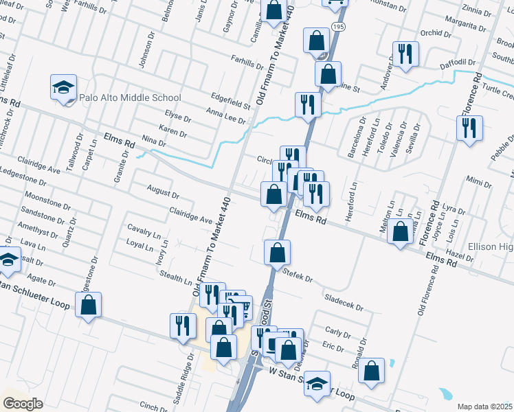 map of restaurants, bars, coffee shops, grocery stores, and more near 3400 Old FM 440 Rd in Killeen
