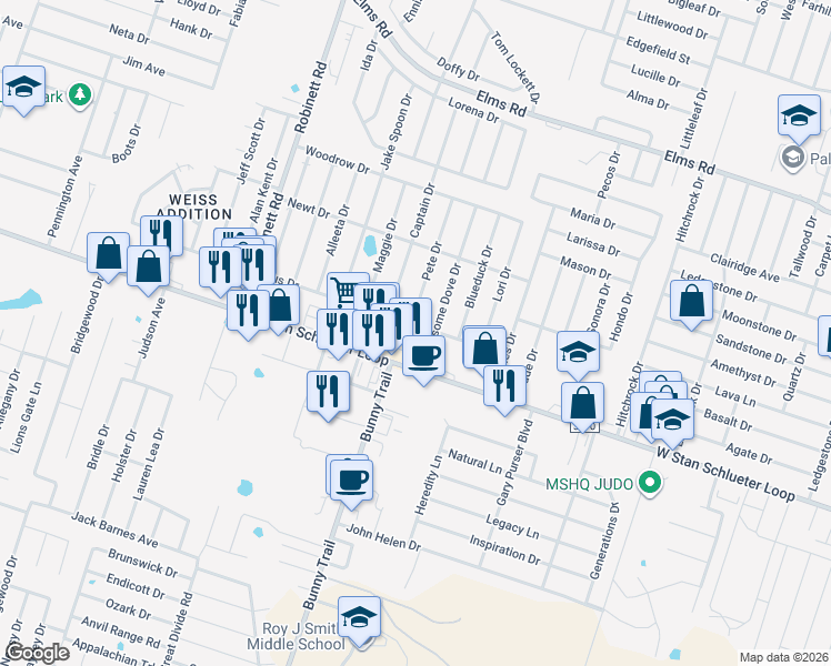 map of restaurants, bars, coffee shops, grocery stores, and more near 3201 West Stan Schlueter Loop in Killeen