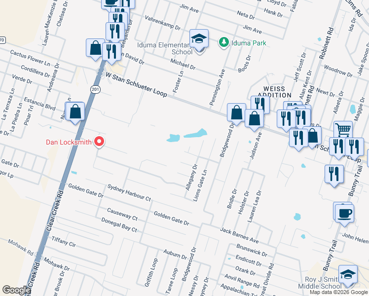 map of restaurants, bars, coffee shops, grocery stores, and more near 4703 Black Forest Lane in Killeen