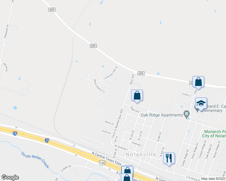 map of restaurants, bars, coffee shops, grocery stores, and more near 218 Sugar Maple Court in Nolanville
