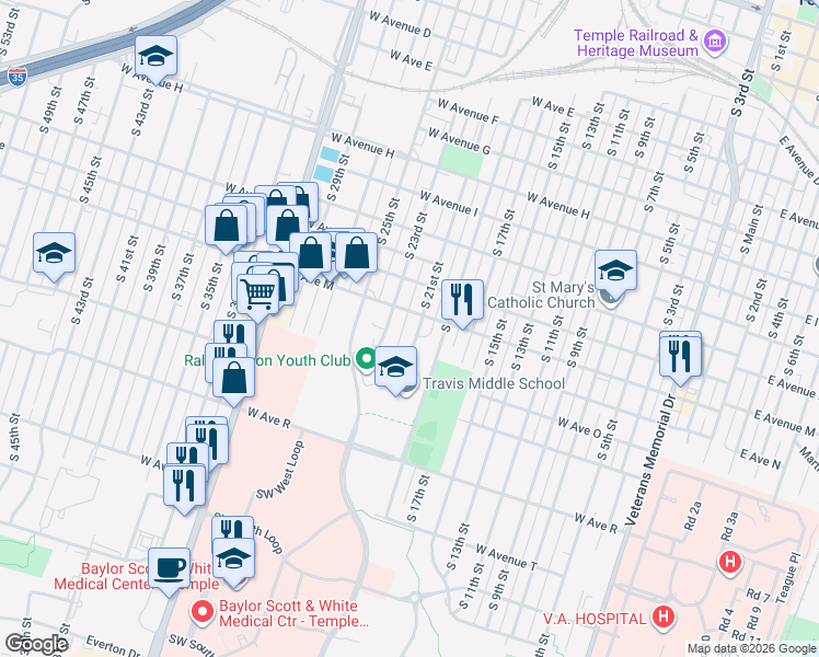 map of restaurants, bars, coffee shops, grocery stores, and more near 1320 South 21st Street in Temple