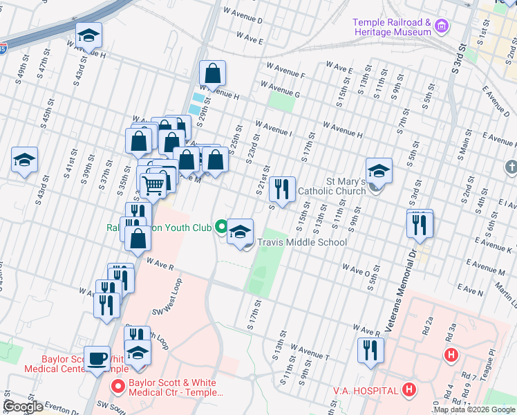 map of restaurants, bars, coffee shops, grocery stores, and more near 1310 South 19th Street in Temple