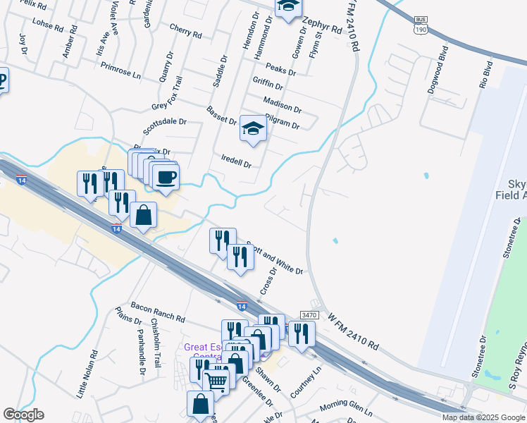 map of restaurants, bars, coffee shops, grocery stores, and more near 3700 Malibu Lane in Killeen