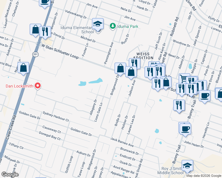 map of restaurants, bars, coffee shops, grocery stores, and more near 5006 Bridgewood Drive in Killeen
