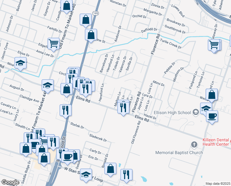 map of restaurants, bars, coffee shops, grocery stores, and more near 3710 Charolais Drive in Killeen