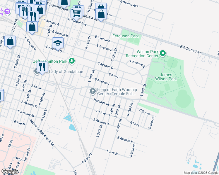 map of restaurants, bars, coffee shops, grocery stores, and more near 615 South Terrace Street in Temple