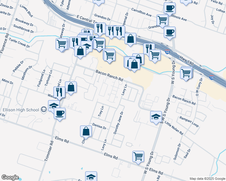 map of restaurants, bars, coffee shops, grocery stores, and more near 1900 Bacon Ranch Road in Killeen