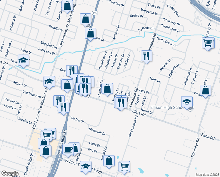 map of restaurants, bars, coffee shops, grocery stores, and more near 3709 Charolais Drive in Killeen