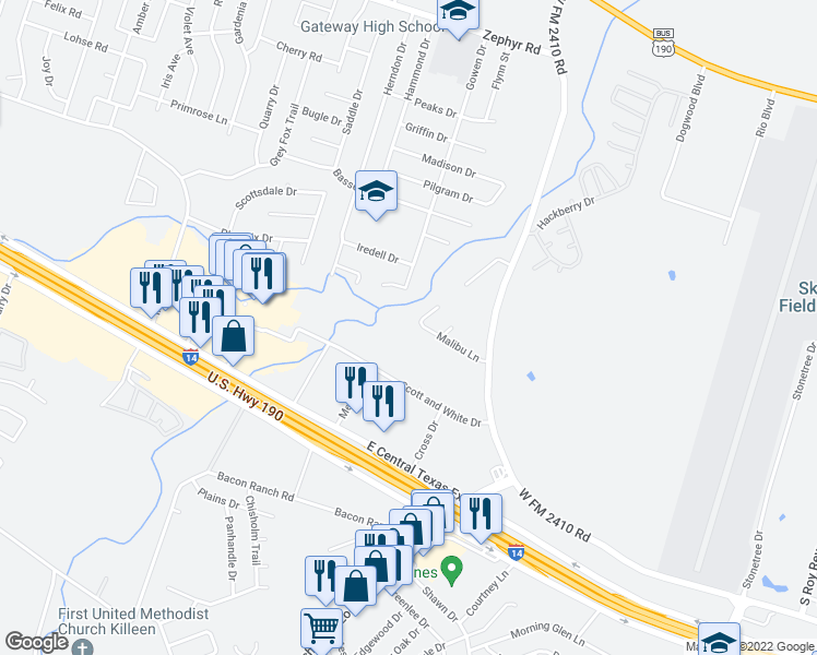 map of restaurants, bars, coffee shops, grocery stores, and more near 3601 Scott and White Drive in Killeen
