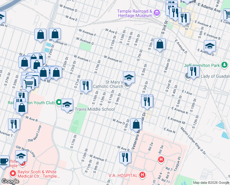 map of restaurants, bars, coffee shops, grocery stores, and more near 1217 South 11th Street in Temple