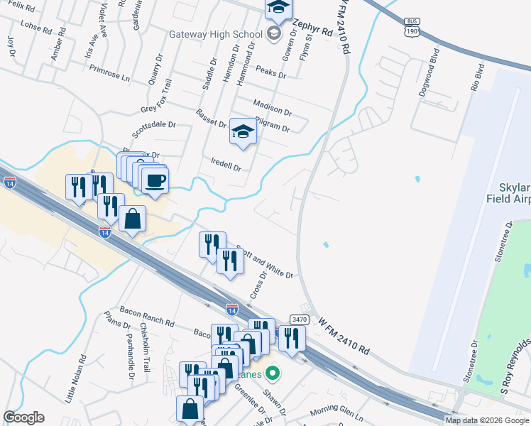 map of restaurants, bars, coffee shops, grocery stores, and more near 3700 Malibu Lane in Killeen