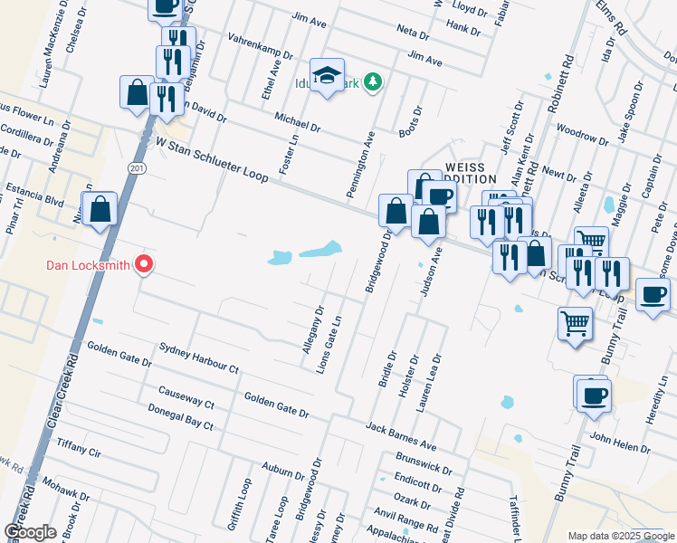 map of restaurants, bars, coffee shops, grocery stores, and more near 5002 Allegany Drive in Killeen