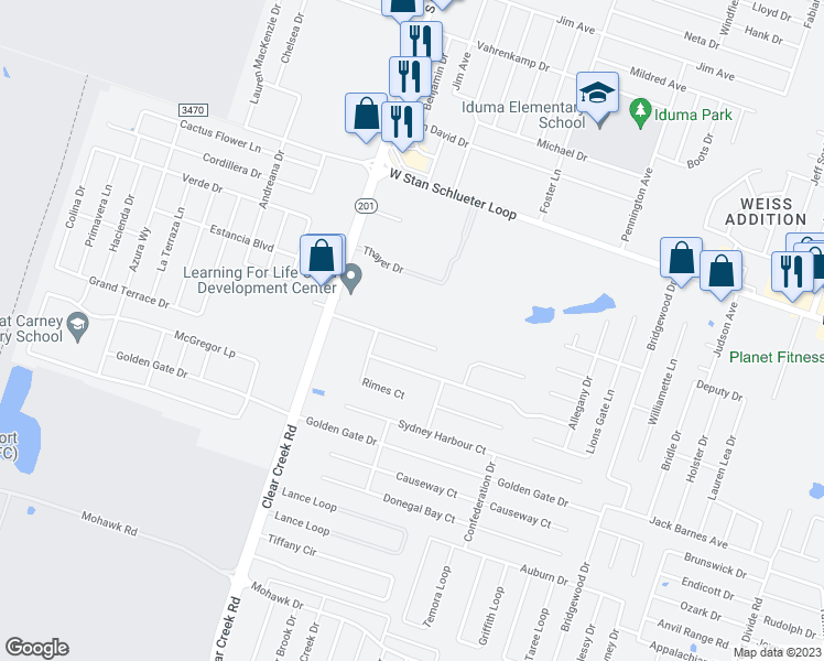 map of restaurants, bars, coffee shops, grocery stores, and more near 5205 Rimes Ranch Road in Killeen