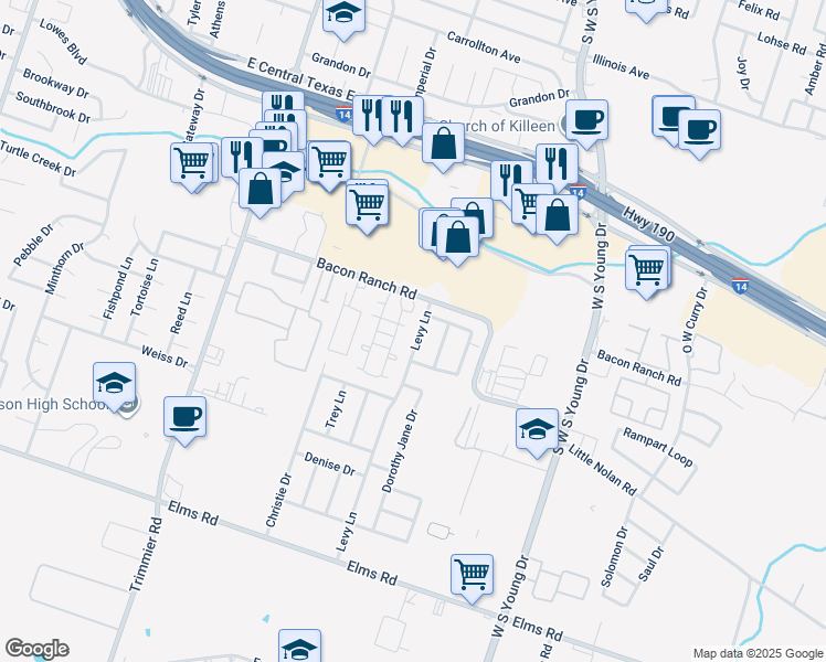 map of restaurants, bars, coffee shops, grocery stores, and more near 2903 Levy Lane in Killeen