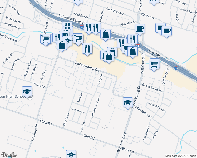 map of restaurants, bars, coffee shops, grocery stores, and more near 3005 Levy Lane in Killeen