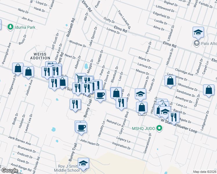 map of restaurants, bars, coffee shops, grocery stores, and more near 4413 Blueduck Drive in Killeen
