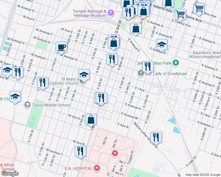 map of restaurants, bars, coffee shops, grocery stores, and more near 913 South 1st Street in Temple