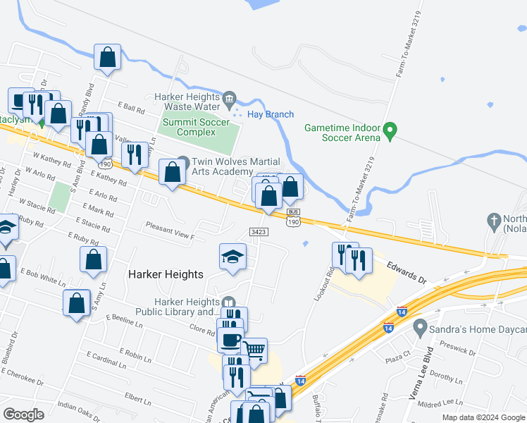 map of restaurants, bars, coffee shops, grocery stores, and more near 521 East Veterans Memorial Boulevard in Harker Heights