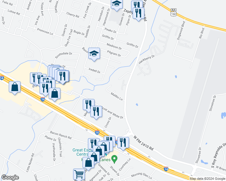 map of restaurants, bars, coffee shops, grocery stores, and more near 3511 Malibu Lane in Killeen