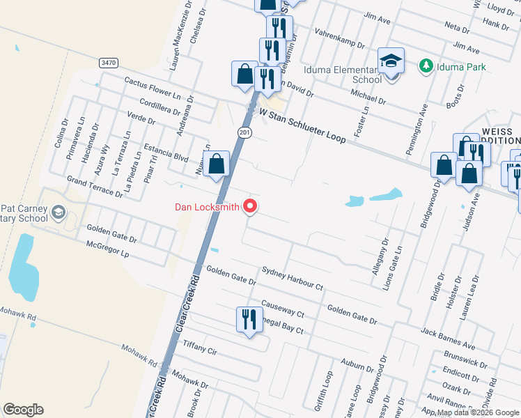 map of restaurants, bars, coffee shops, grocery stores, and more near 5303 Rimes Ranch Drive in Killeen