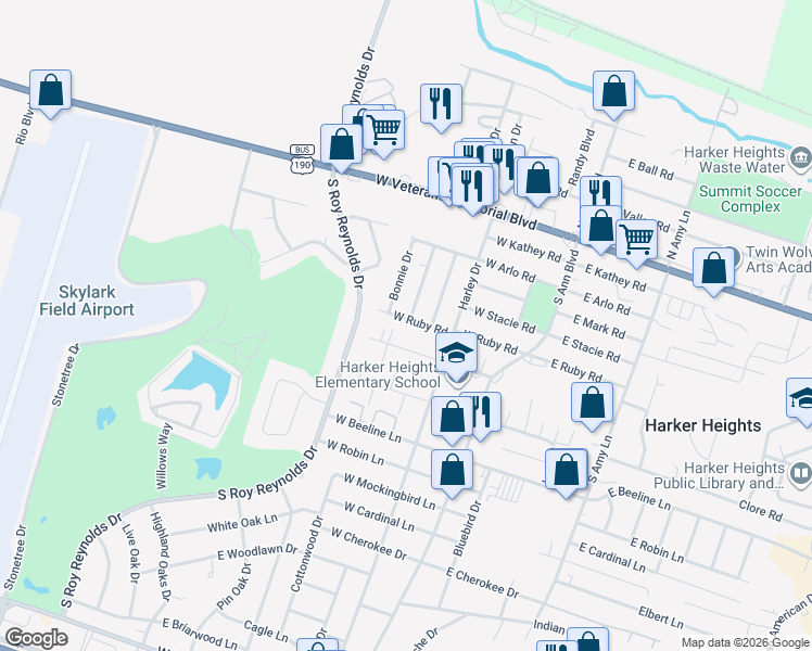 map of restaurants, bars, coffee shops, grocery stores, and more near 505 South Juanita Drive in Harker Heights