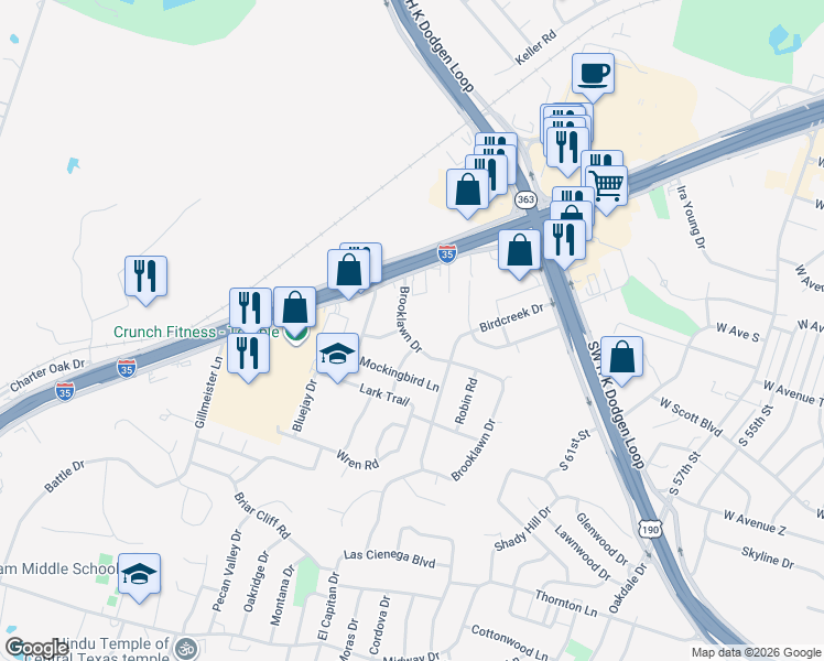 map of restaurants, bars, coffee shops, grocery stores, and more near 4006 Brooklawn Drive in Temple