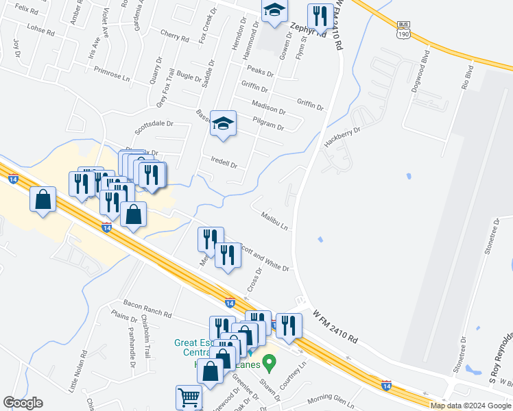 map of restaurants, bars, coffee shops, grocery stores, and more near 3511 Malibu Lane in Killeen