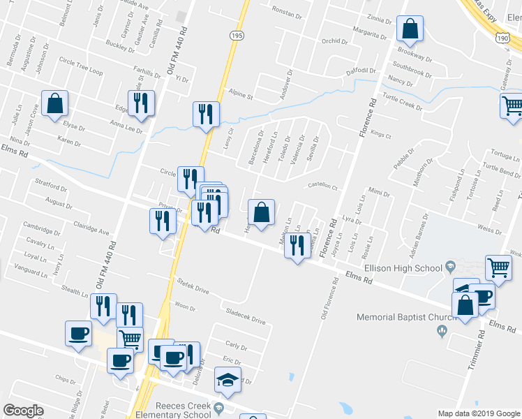 map of restaurants, bars, coffee shops, grocery stores, and more near 502 Angus Circle in Killeen