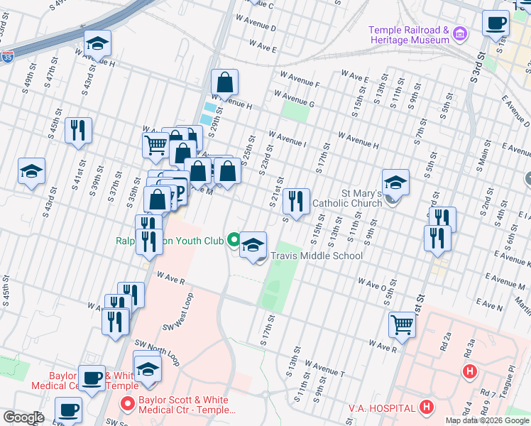 map of restaurants, bars, coffee shops, grocery stores, and more near 1213 South 23rd Street in Temple