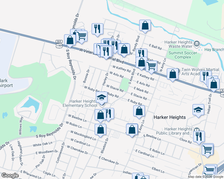 map of restaurants, bars, coffee shops, grocery stores, and more near 116 West Mark Road in Harker Heights
