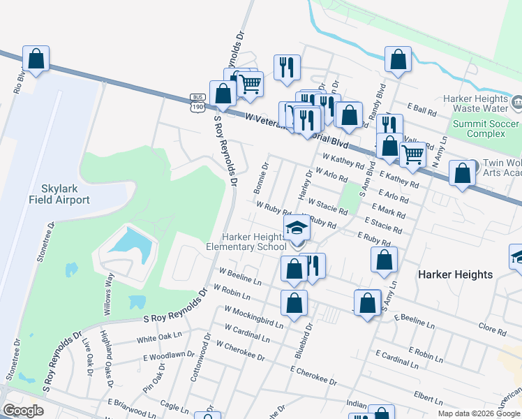 map of restaurants, bars, coffee shops, grocery stores, and more near 505 South Juanita Drive in Harker Heights