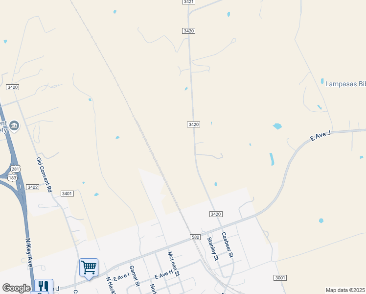 map of restaurants, bars, coffee shops, grocery stores, and more near 475 County Road 3420 in Lampasas