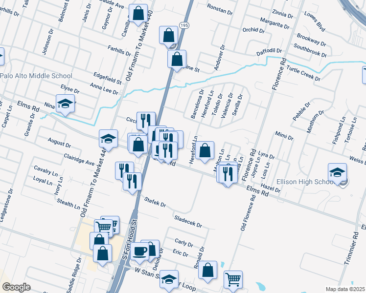 map of restaurants, bars, coffee shops, grocery stores, and more near 3707 Hereford Lane in Killeen