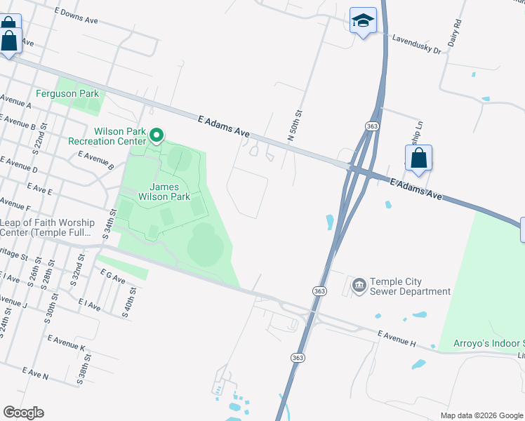 map of restaurants, bars, coffee shops, grocery stores, and more near 101 South 50th Street in Temple
