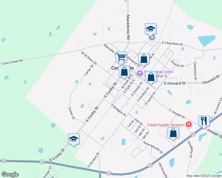 map of restaurants, bars, coffee shops, grocery stores, and more near 181-399 South Cosby Street in Centreville