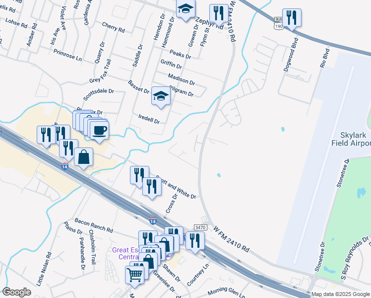 map of restaurants, bars, coffee shops, grocery stores, and more near 2109 Martin Luther King Junior Boulevard in Killeen