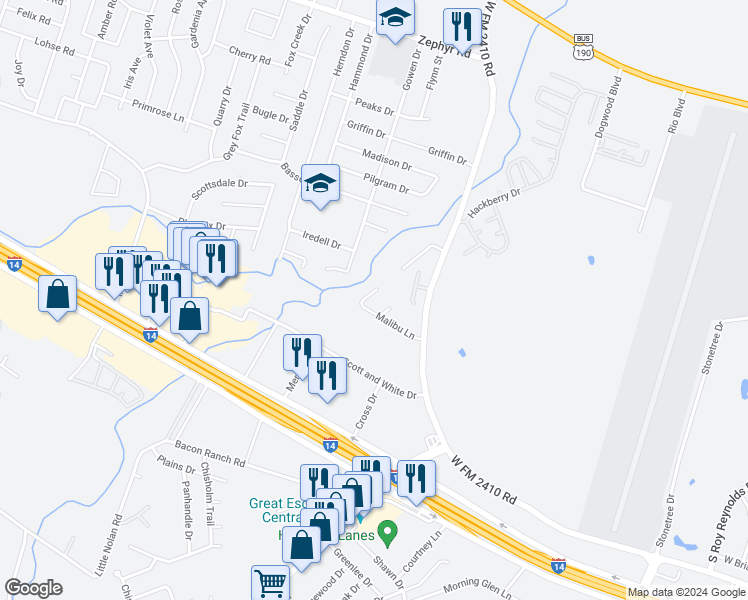map of restaurants, bars, coffee shops, grocery stores, and more near 3511 Malibu Lane in Killeen