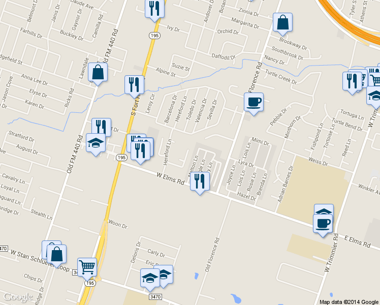 map of restaurants, bars, coffee shops, grocery stores, and more near 502 Angus Circle in Killeen