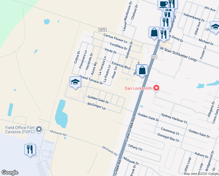 map of restaurants, bars, coffee shops, grocery stores, and more near 6000 Grand Terrace Drive in Killeen