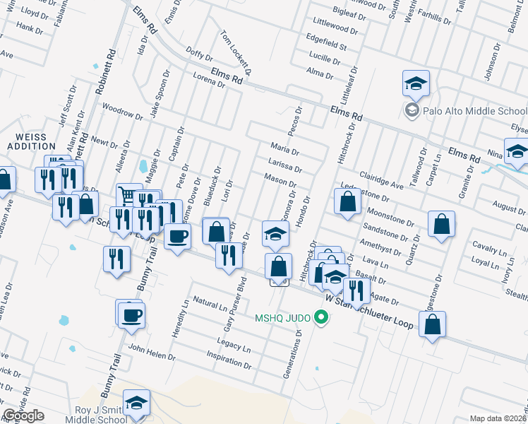 map of restaurants, bars, coffee shops, grocery stores, and more near 4407 Menard Drive in Killeen