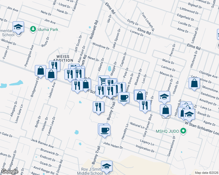 map of restaurants, bars, coffee shops, grocery stores, and more near 3504 Gus Drive in Killeen